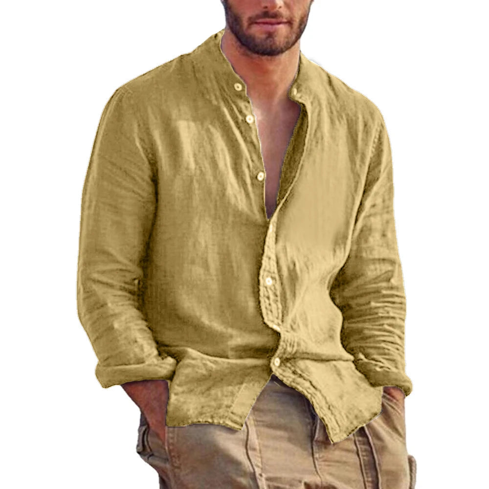 Mode Lumiére | Chemise en Lin Col Mao Homme  Élégance Décontractée