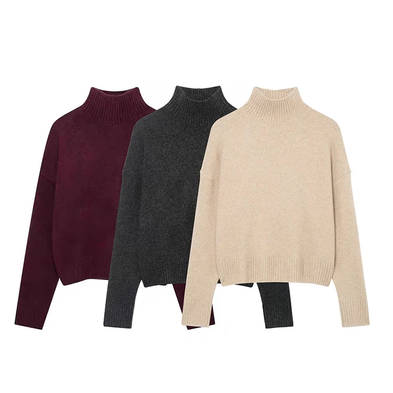Femmes élégant doux haut tricoté femmes mode à manches longues col montant pull pull 2025 nouveau décontracté lâche tricots hauts