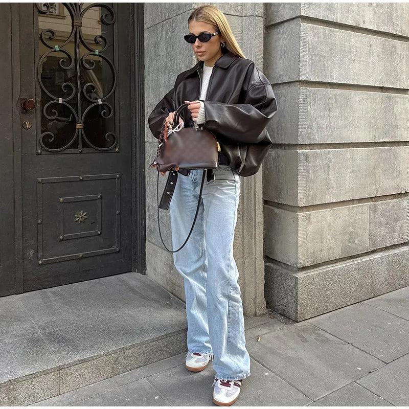 Vestes bombardier Vintage en cuir PU pour femme, manteau avec fermeture éclair, revers, manches longues, poches, avec ceinture, ample, Streetwear, nouvelle collection automne 2025