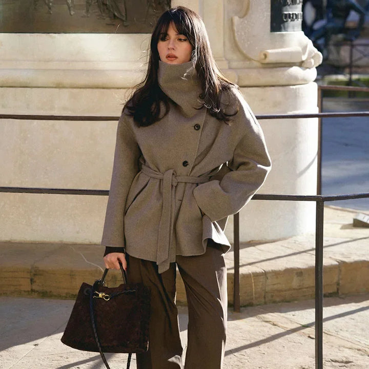Manteau en laine à col montant pour femmes, couleur unie, manches longues, simple boutonnage, veste à lacets, vêtements d'extérieur quotidiens, nouvelle collection printemps automne 2026