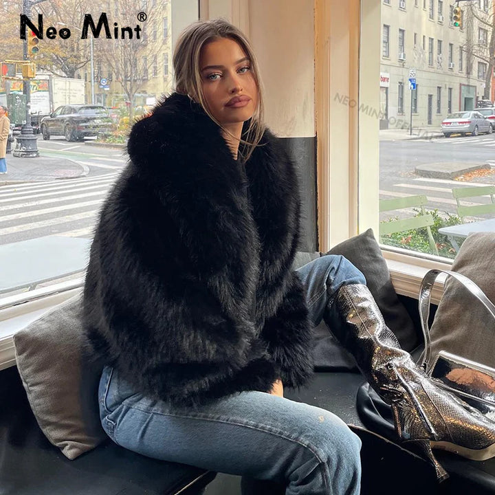 Neo Mint Street Fashion – manteau en fausse fourrure de renard pour femme, veste courte noire, Vintage, Chic, hiver 2024