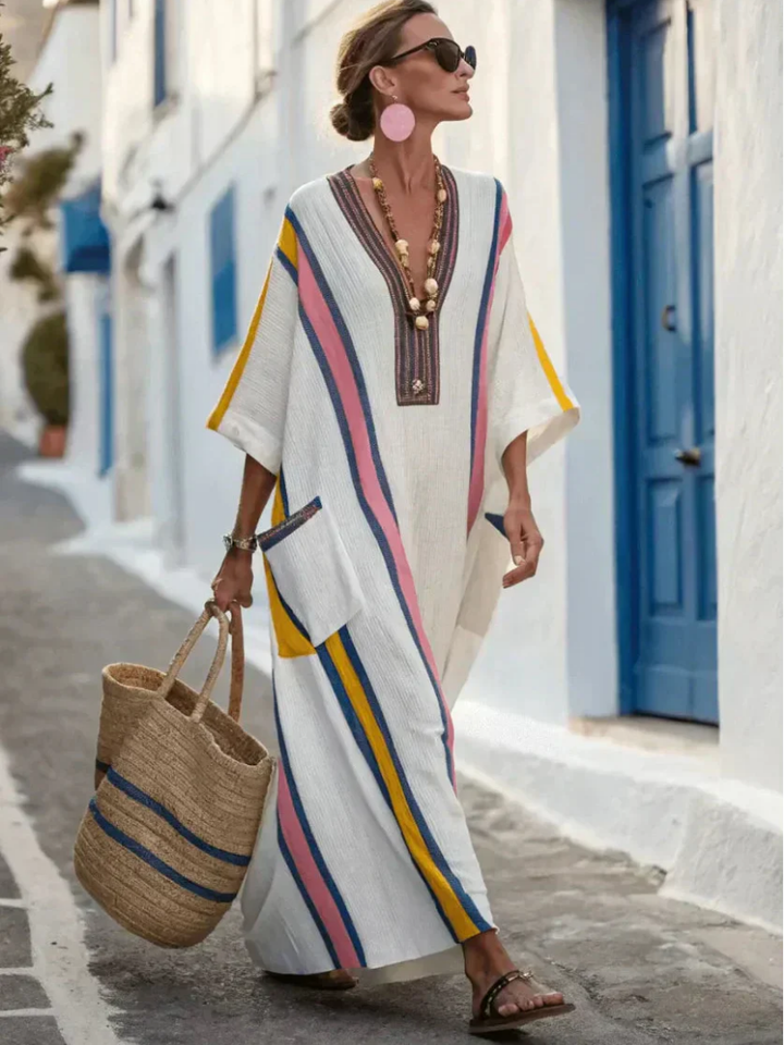 Noemi | Robe Maxi à Col V et Manches Mi-Longues avec Poches