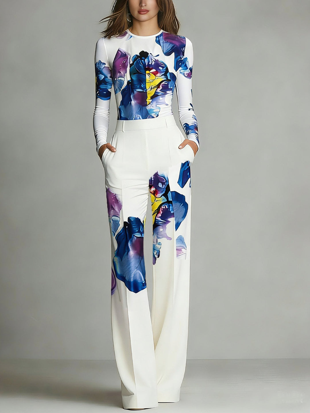 Ensemble Haut et Pantalon à Col Rond en Blocs de Couleur Sienna