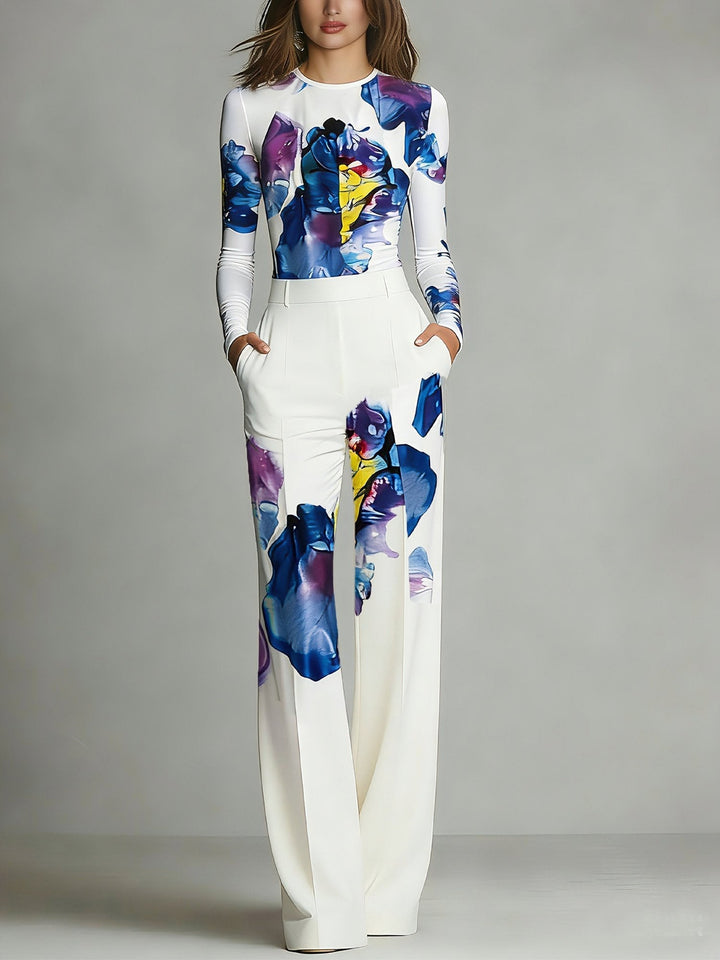 Ensemble Haut et Pantalon à Col Rond en Blocs de Couleur Sienna