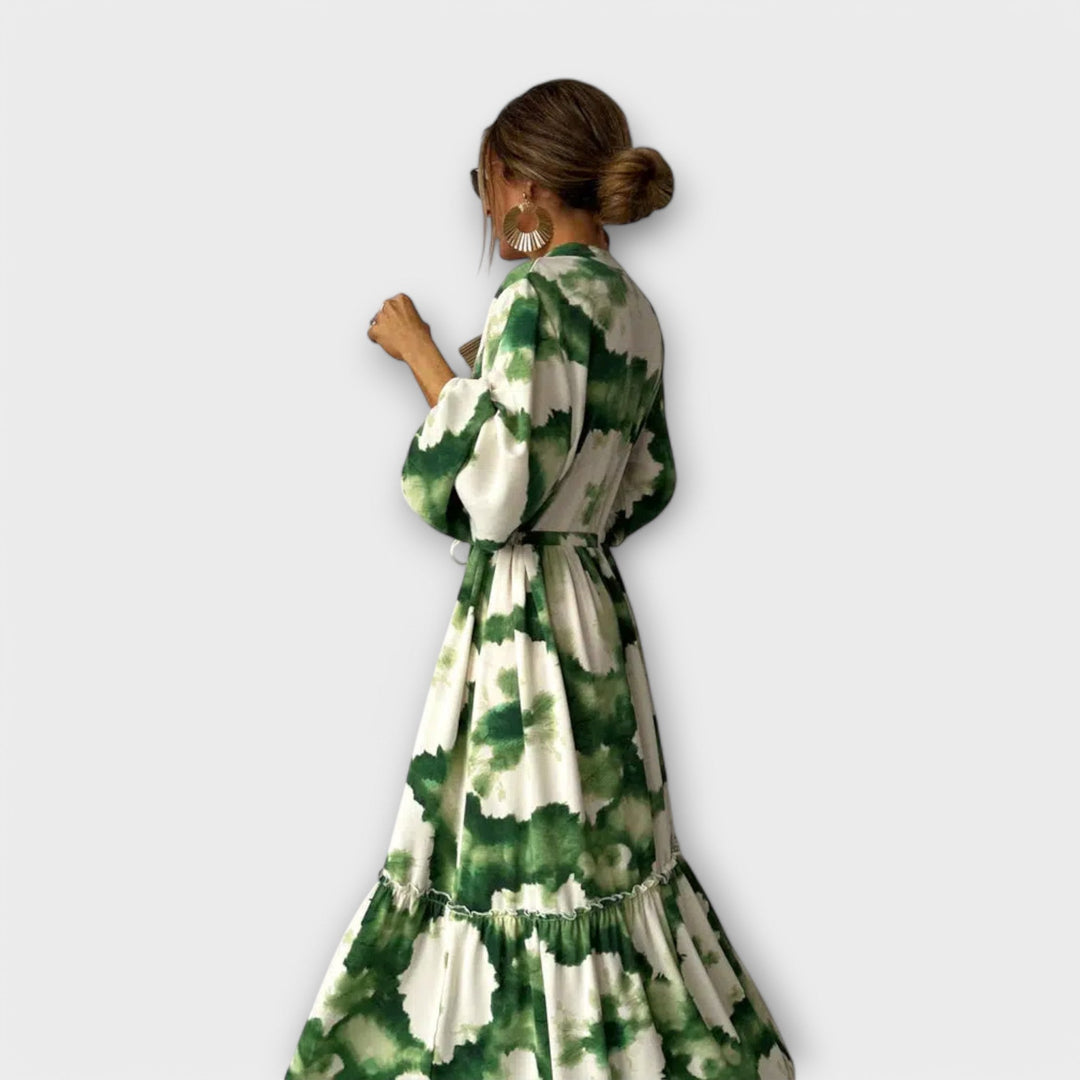 Melina - Robe Maxi Verte avec Manches Longues et Décolleté en V