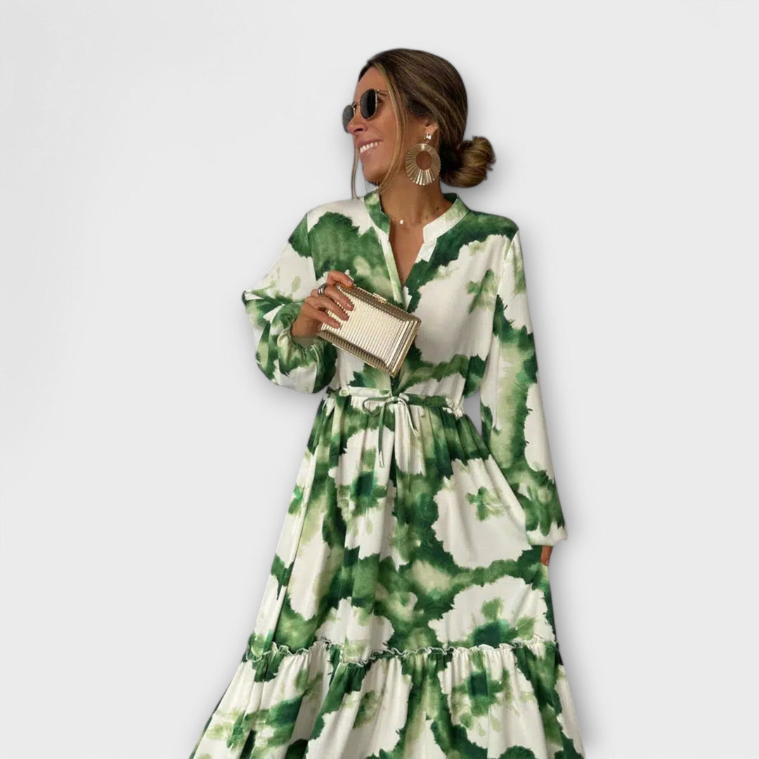 Melina - Robe Maxi Verte avec Manches Longues et Décolleté en V