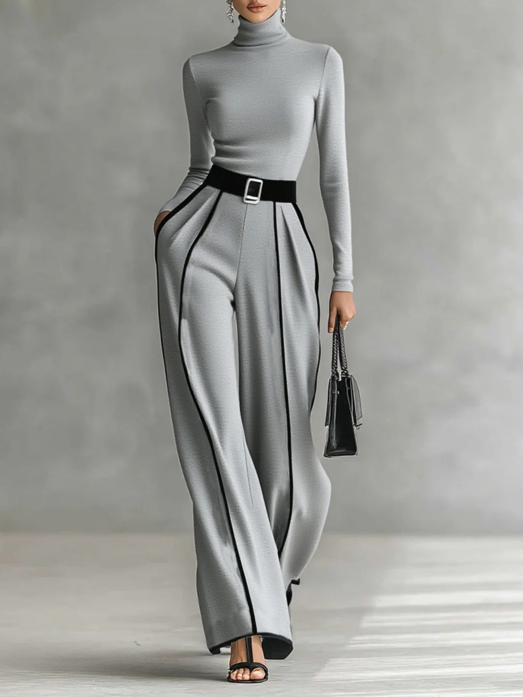 Solana - Ensemble à manches longues avec col roulé et pantalon large avec ceinture