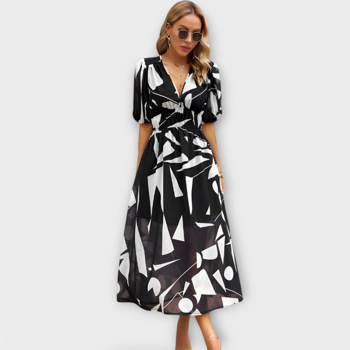 Robe Maxi Abstraite avec Manches Bouffantes