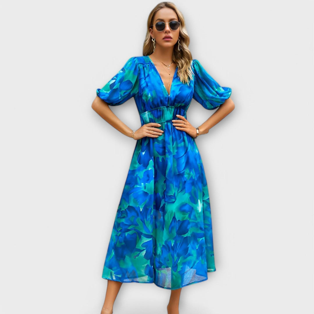 Robe Maxi Abstraite avec Manches Bouffantes