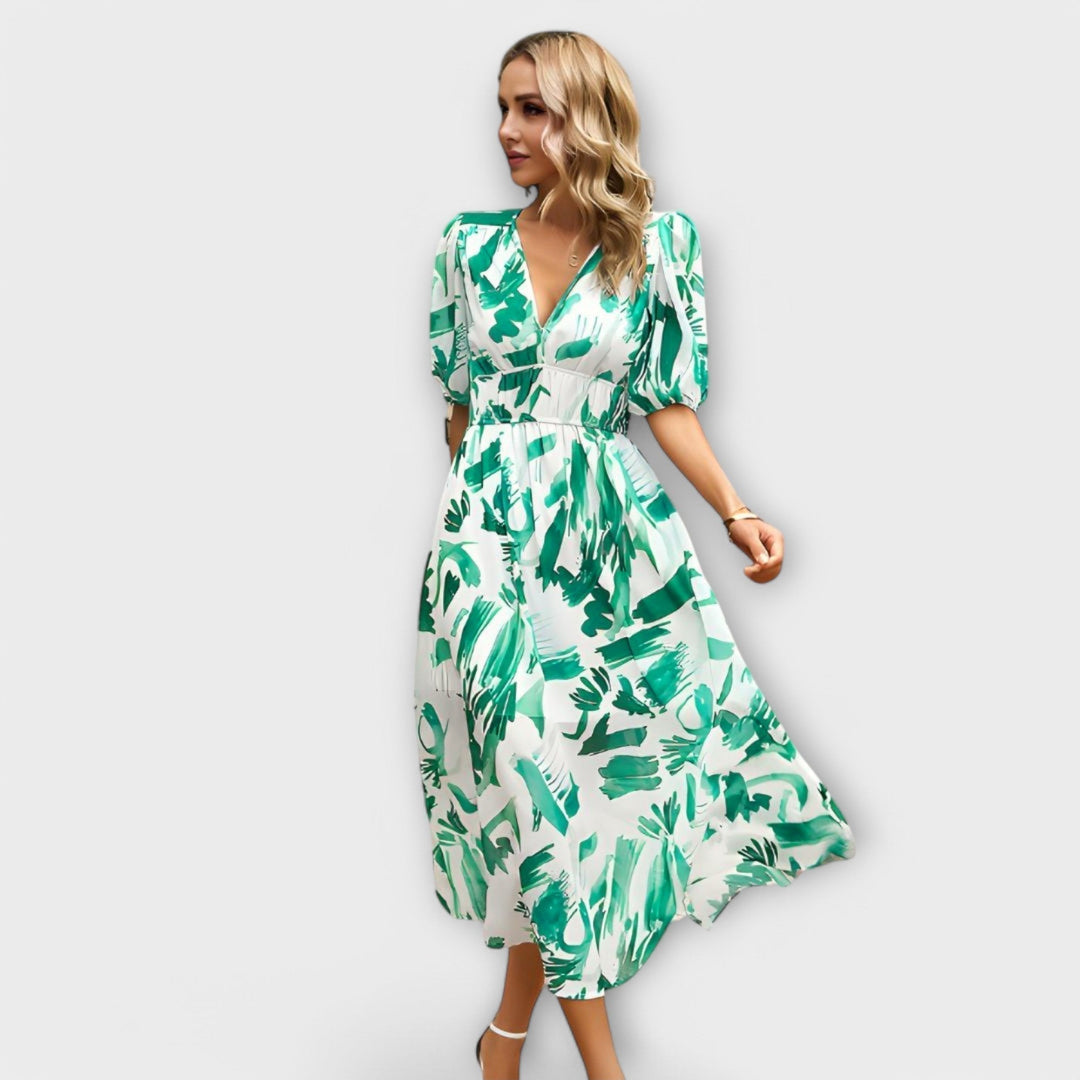 Robe Maxi Abstraite avec Manches Bouffantes