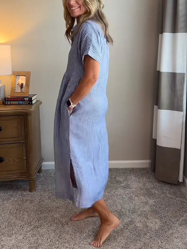 Wendy | Robe Chemise Rayée Lin & Manches Courtes