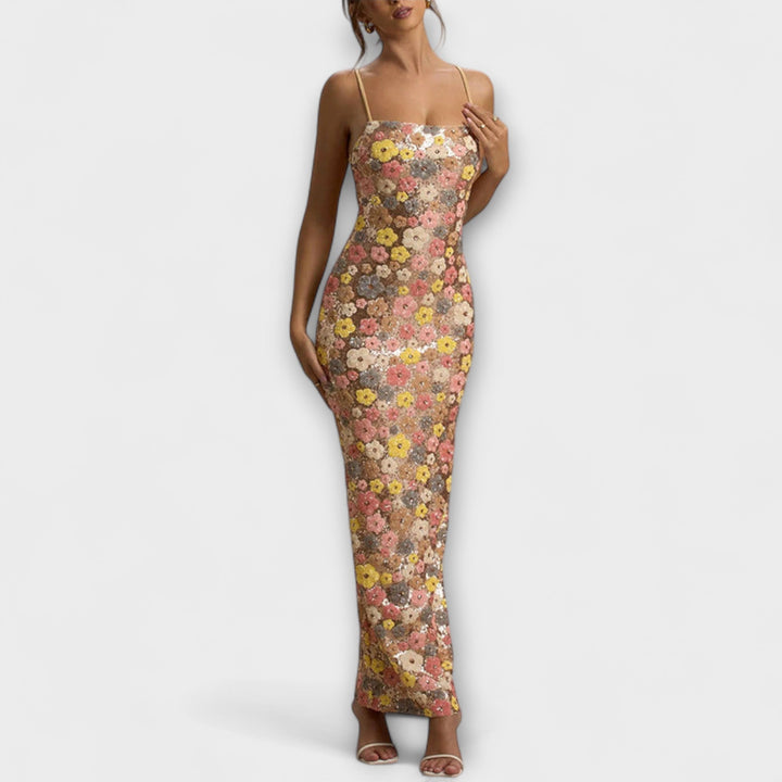 Oakley - Robe Maxi avec Fleurs et Paillettes dans le Style des Années 80