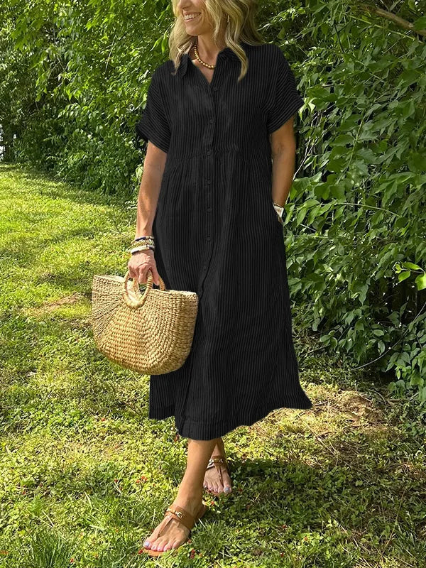 Wendy | Robe Chemise Rayée Lin & Manches Courtes
