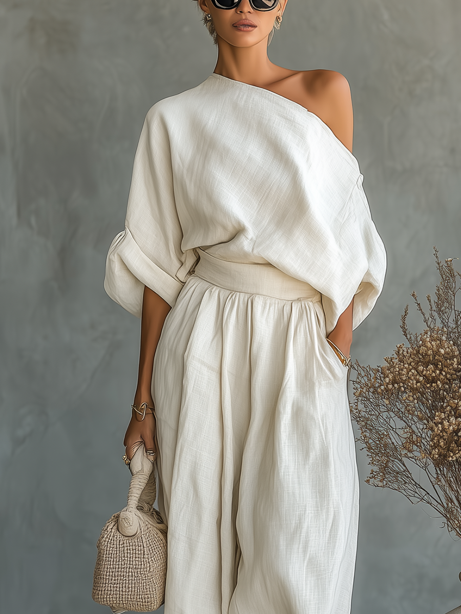 Ella | Ensemble en Lin Blanc Off-Shoulder