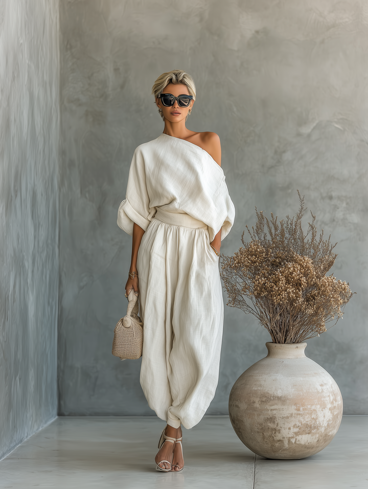 Lisa | Ensemble Top Doux à Épaules Dégagées et Pantalons Tapered