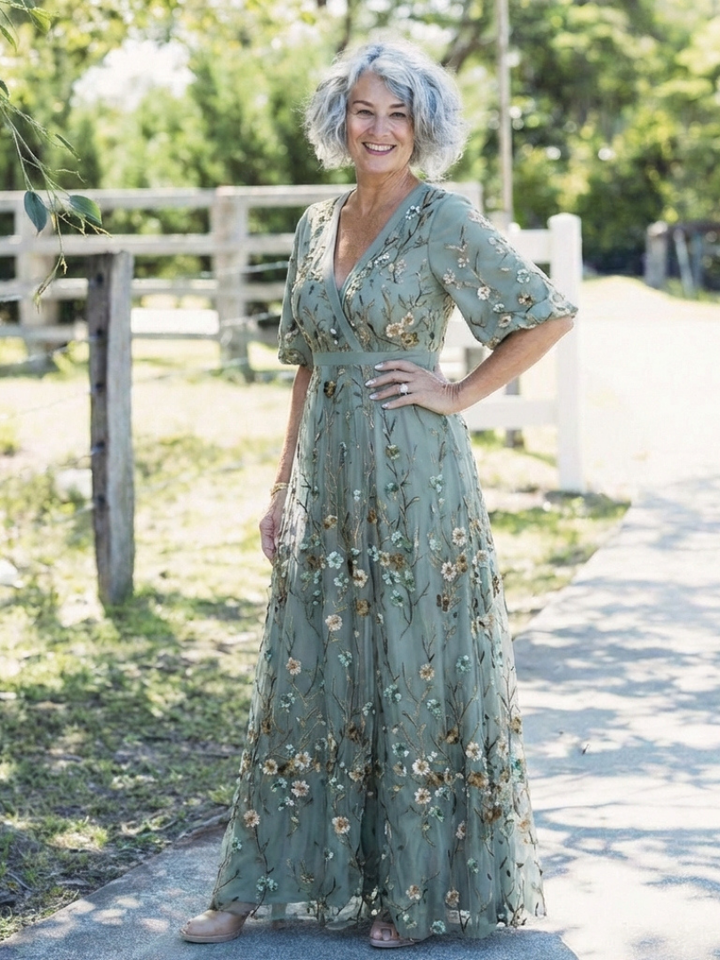 Mode Lumiére™ – Robe longue fleurie col V