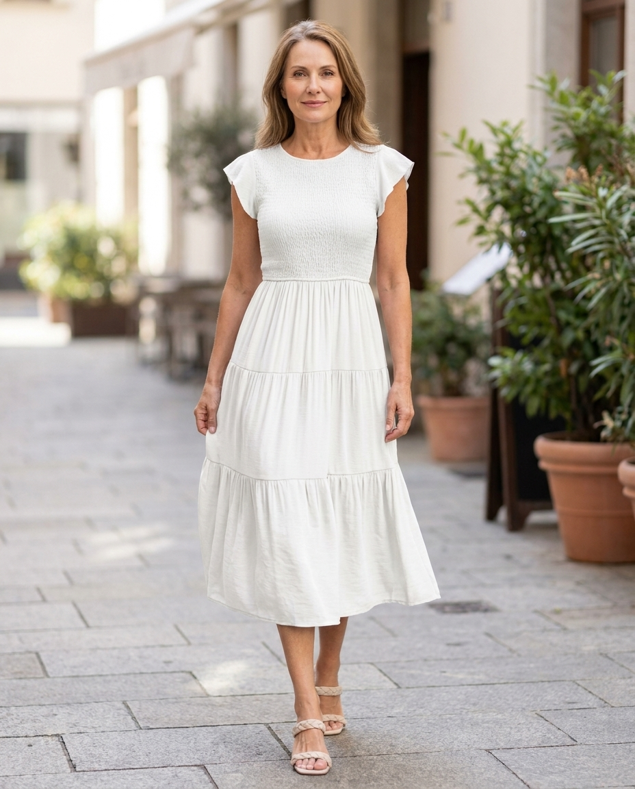 Beatrice | Robe Midi à Encolure Ronde et Manches Courtes avec Jupe Froncée