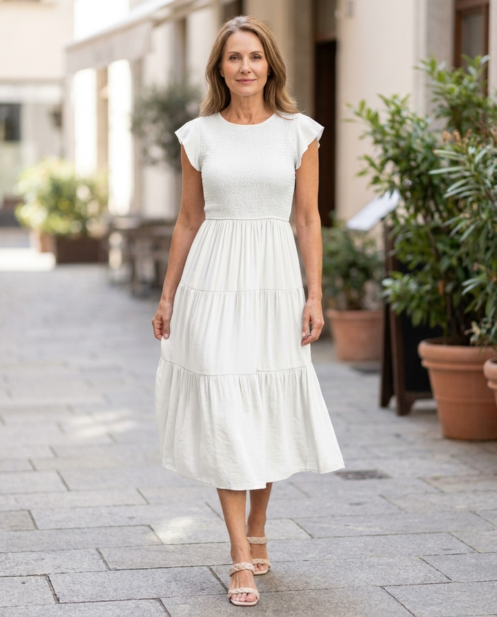 Beatrice | Robe Midi à Encolure Ronde et Manches Courtes avec Jupe Froncée