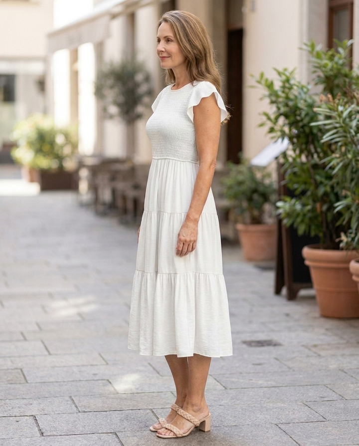 Beatrice | Robe Midi à Encolure Ronde et Manches Courtes avec Jupe Froncée