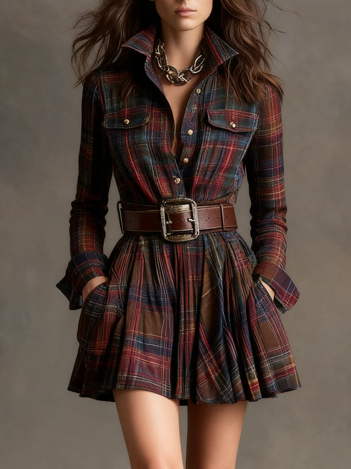 Robe mini vintage à carreaux avec taille marquée - ceinture incluse
