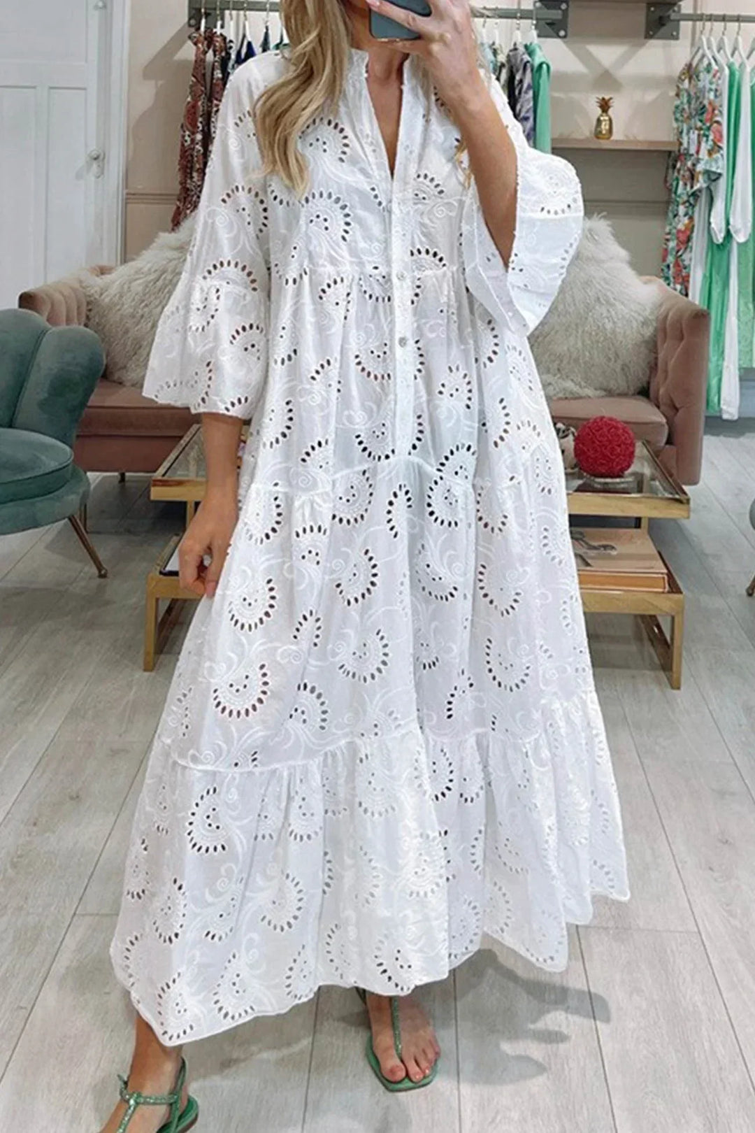 Isabelle | Robe Longue Broderie Anglaise & Manches 3/4