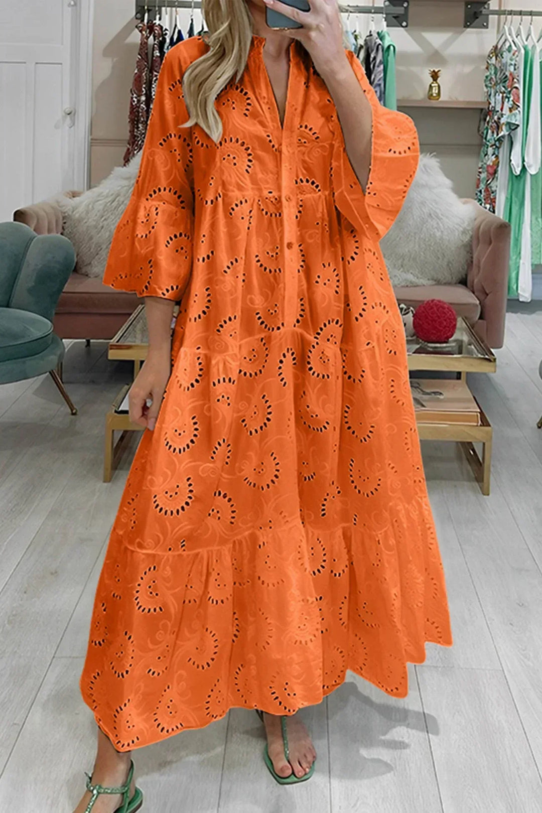 Isabelle | Robe Longue Broderie Anglaise & Manches 3/4