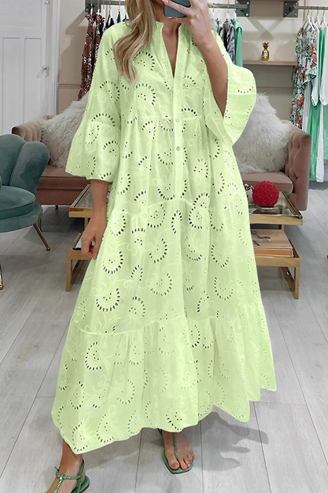 Isabelle | Robe Longue Broderie Anglaise & Manches 3/4