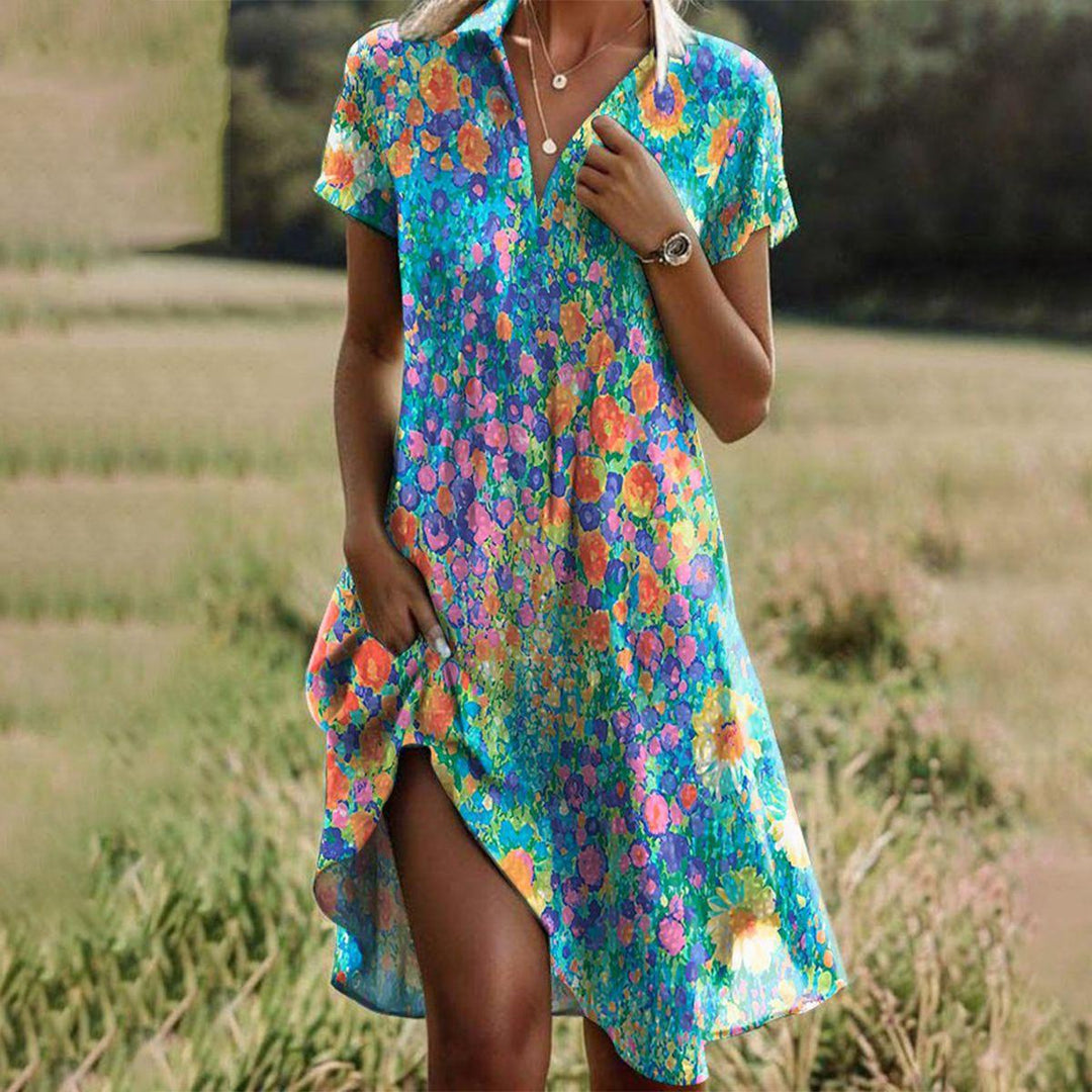 Éléonore | Robe Bohème Fleurie Col V & Ourlet Asymétrique